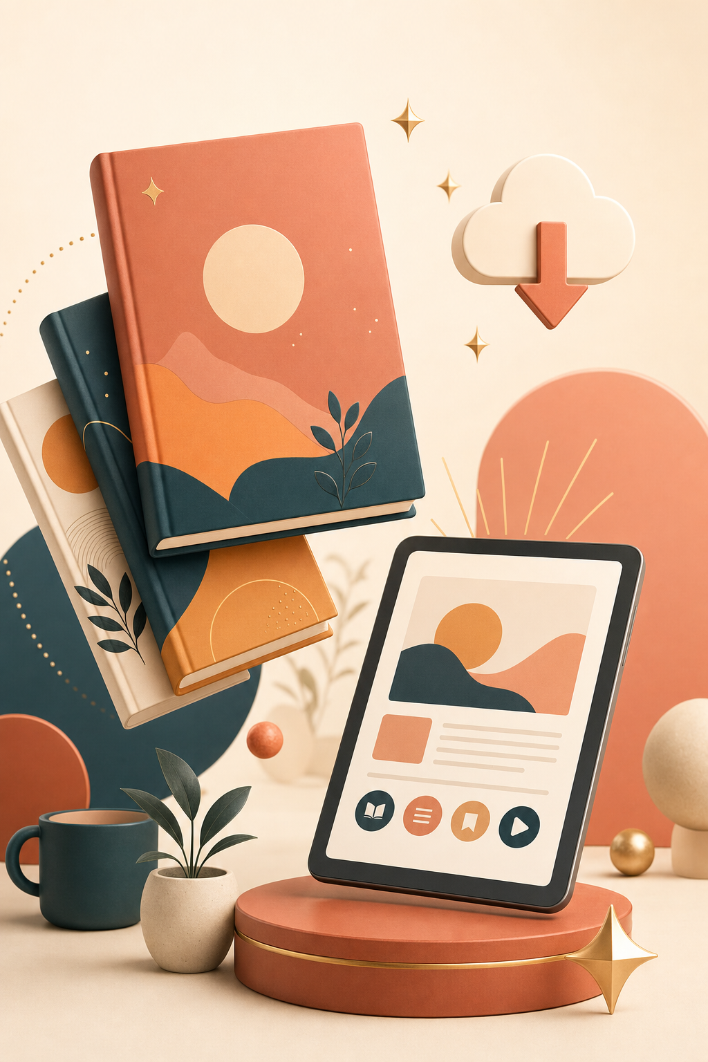 Illustration of e-books and a digital reading tablet